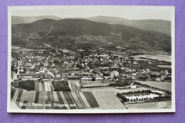Ansichtskarte AK Bühl i Baden 1938 Flugzeugaufnahme Bahnhof Eisenbahn Zug